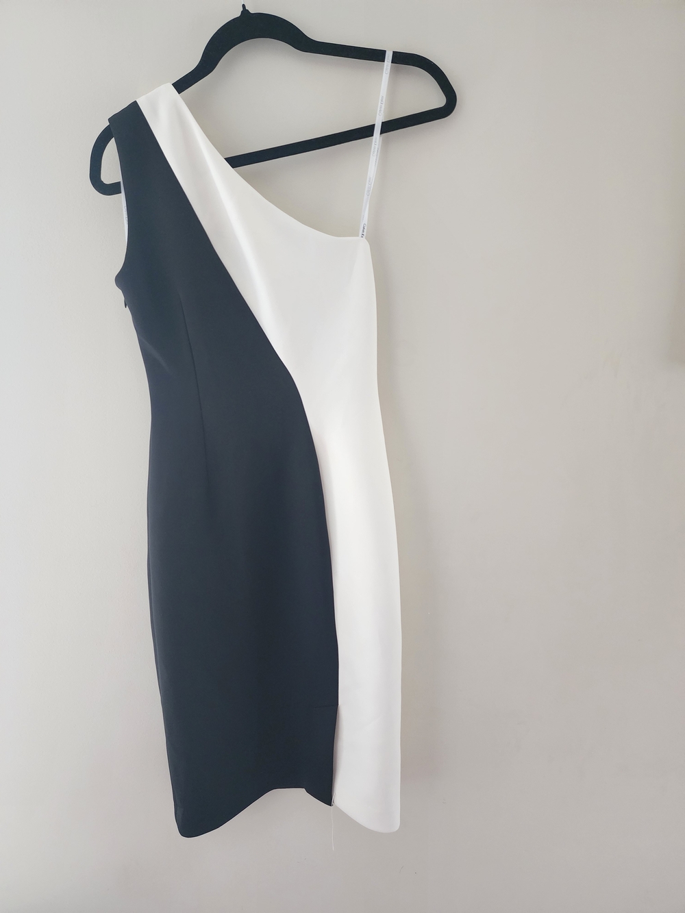 Calvin Klein Black and White One-Shoulder Colorblock Dress